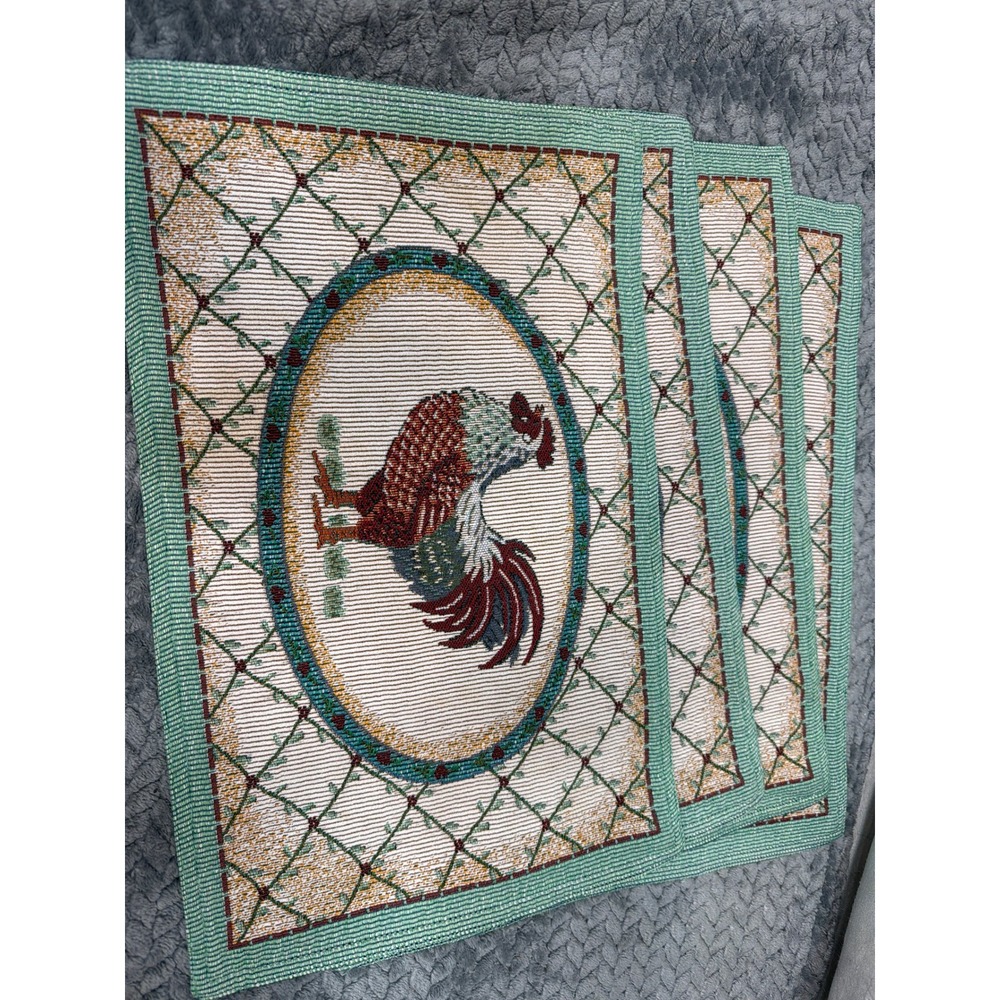 Vintage Style Woven Tapestry Rooster Placemats Set of 4 Green Farmhouse Decor